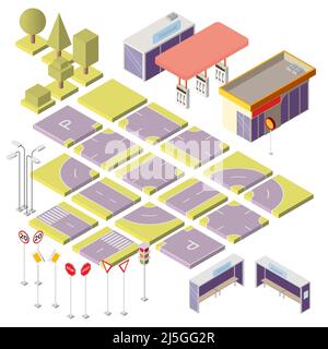 Vector set with isometric elements to build your own city map. Cityscape constructor isolated on background. Urban objects, road sections with marking Stock Vector