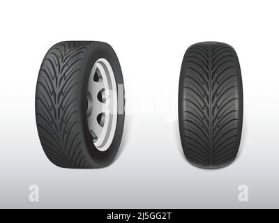 Vector 3d realistic black tyre, shining steel and rubber wheel for car, automobile. Modern rim, tread - automotive equipment for mechanic shop, servic Stock Vector
