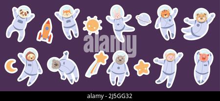 Cute animals in spacesuits flying in space with stars, moon and spaceship, stickers for kids set vector illustration. Cartoon rocket and sun in galaxy, funny astronauts characters from cosmic zoo Stock Vector