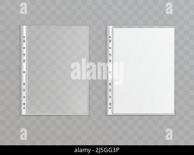 Vector 3d realistic translucent punched pocket isolated on transparent background. Office stationery for copies, portfolio - plastic wallet. Sheet pro Stock Vector