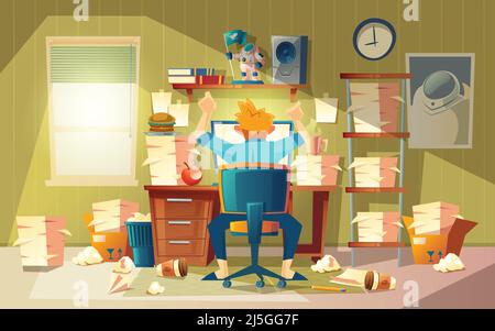 Vector home office in chaos with freelancer - deadline concept, approaching finishing time. Cartoon interior with furniture and mess. Computer, books, Stock Vector