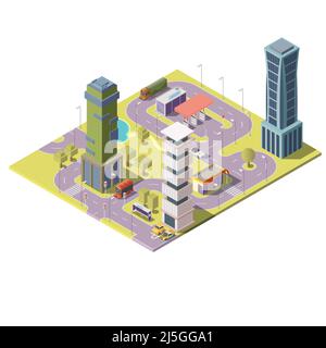 Vector 3d isometric map of city with buildings, skyscrapers, streets with road signs, transport. Modern cityscape, town infrastructure with elements f Stock Vector