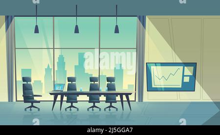 Vector cartoon illustration of modern conference hall, room for meetings and business trainings, interior with furniture. Boardroom with table, chairs Stock Vector
