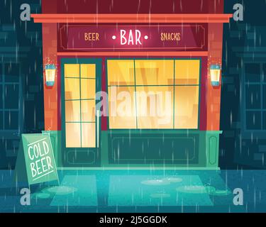 Vector background with bar at bad weather, rain. Facade of building with illumination, signboard. Entrance of fast food taproom with beer and snacks. Stock Vector