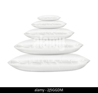 Vector 3d realistic pile of comfortable square pillows, side view. Template, mock up of white fluffy cushion for relaxation, sleep. Dauber set for nap Stock Vector