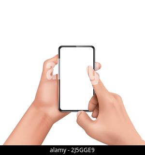 Vector 3d realistic human hand holding smartphone and touching screen. Template, mock up for mobile app or advertisment. Electronic device, smart phon Stock Vector