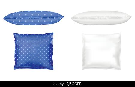 Vector 3d realistic comfortable square pillows - white and blue dotted. Template, mock up of white fluffy cushion in front and side view. Relaxation, Stock Vector
