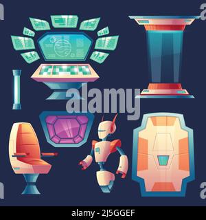 Vector set of alien spaceship design elements. Control panel with screens for cockpit in rocket. Devices, robot, collection for interior of flying cra Stock Vector