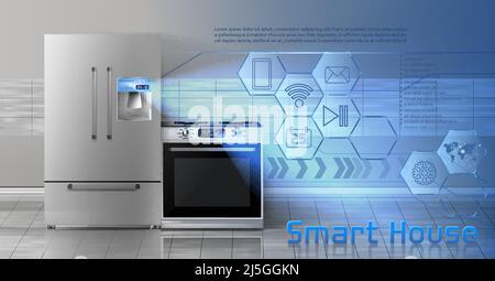 Vector concept of smart house , iot, wireless digital technologies to manage and control household appliances from anywhere. Background with refrigera Stock Vector