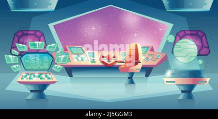 Vector background with alien spaceship orlop with helm and porthole. Control panel with screens for cockpit in rocket. Devices, interior of flying cra Stock Vector