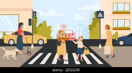 Polite kid holding granny hand to help cross city road at pedestrian crossing vector illustration. Cartoon girl with good manners and elderly woman walk on crosswalk background. Courtesy concept Stock Vector