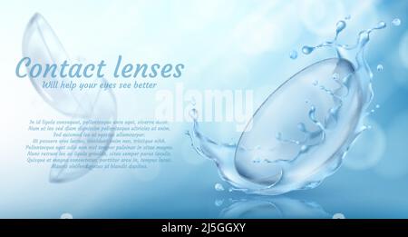 Vector realistic promotion banner with contact lenses in water splash for eye care on blue background. Medical accessory used in ophthalmology to corr Stock Vector