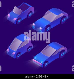 Vector set of isometric urban transportation at night with turned on headlights. Parking with private cars with headlamps isolated on dark background. Stock Vector