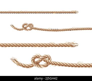 Vector set of realistic brown ropes, jute or hemp twisted cords with loops and knots, isolated on white background. Clipart of various twines, decorat Stock Vector