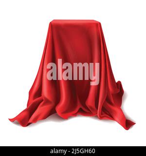 Vector realistic box covered with red silk cloth isolated on white background. Empty podium, stand with tablecloth to show magic tricks. Secret gift, Stock Vector