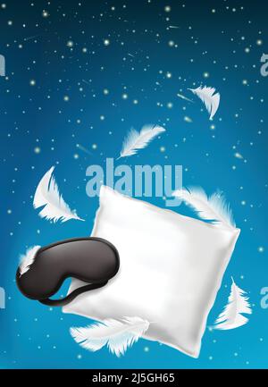 Vector 3d realistic poster, ad banner with white pillow, sleep mask and feathers isolated on blue night background. Mockup with soft cushion for comfo Stock Vector