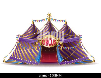 Vector 3d realistic striped circus tent with flags and illuminated signboard for performances, isolated on background. Empty purple marquee with open Stock Vector