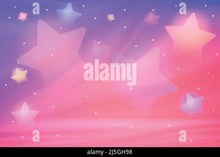 Neon bright abstract background with pastel candy glowing big stars and overlapping 3d silk waves vector illustration. Pink, purple and red backdrop design for modern fashion product advertising Stock Vector