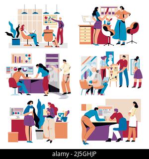 Employees working in team, isolated characters brainstorming and working on projects. Man and women in conference hall diving presentation to business Stock Vector