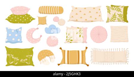 Comfy pillow and cushion set for sofa, bed and armchair vector illustration. Cartoon cute homey decor collection of different shapes and patterns isolated on white. Home interior, rest concept Stock Vector