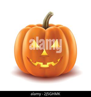 Scary pumpkin jack-o-lantern with creepy toothy smile and fiery glow inside realistic vector illustration isolated on white background. Traditional de Stock Vector