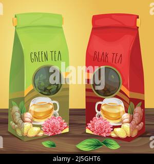 Green and black tea air-tight paper packages with transparent round window decorated with cup of tea, sliced ginger root, leaves and flower standing o Stock Vector