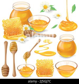 Set of vector illustrations of honey in honeycombs, in a jar dripping from a honey bucket, isolated on a white background in a realistic style. Templa Stock Vector