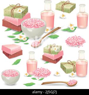 Organic handmade soap packed in craft paper, aromatic salt in bowl and wooden spoon, massage oil in bottle vector illustrations set isolated on white Stock Vector