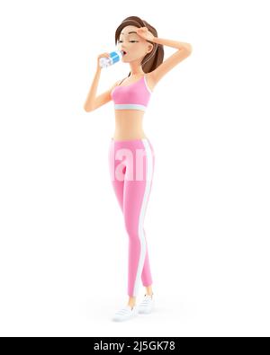 3d sporty woman drinking water on bottle, illustration isolated on white background Stock Photo