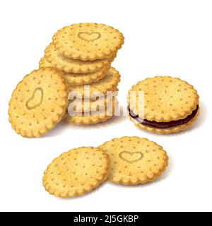 Stack of round biscuit cookies or cracker with heart ornament and cookies sandwich with chocolate cream vector isolated on white background. Ordinary Stock Vector