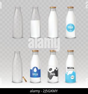 Set of vector illustrations in realistic style glass bottles with milk and without with different labels isolated on gray. Template, design element. Stock Vector