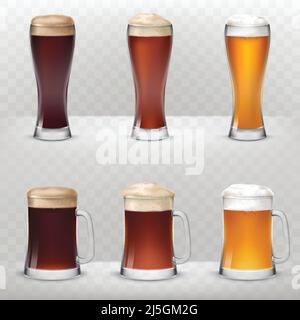 A set of vector illustrations in a realistic style of mugs and tall glasses of unfiltered, dark and light beer isolated against a gray background. Stock Vector