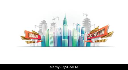 Vector cartoon banner, urban background with modern big city buildings, skyscrapers, business centers on the background of construction in progress. A Stock Vector