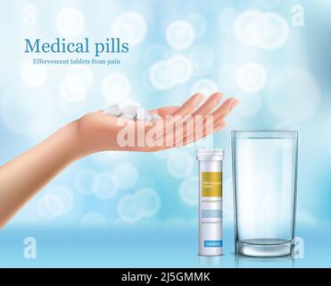 Vector illustration of soluble round tablets in a glass of water, white cylindrical container covered with a lid and human hand with a slide pills. Ad Stock Vector