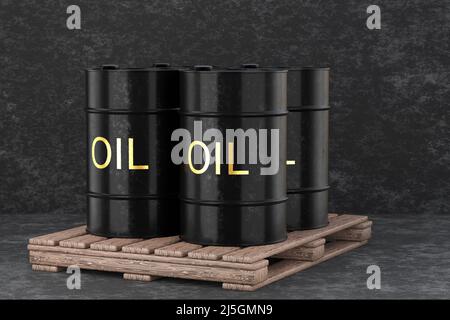 Black metallic barrels with oil stand on a wooden pallet. 3D render. Stock Photo