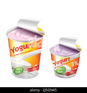 Vector 3D realistic packing for yogurt isolated on white background. Packing template, large and small plastic cup for yogurt with open lid, yellow-or Stock Vector