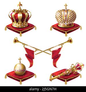 Golden royal crowns, scepter with gem stone and globus cruciger lying on red ceremonial pillow with tassels realistic vector illustrations set isolate Stock Vector