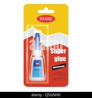 Colorful tube of super fix glue in cardboard and plastic packaging with brand information realistic vector isolated on white background. Original cont Stock Vector
