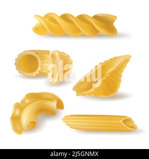 Various types and shapes pasta and macaroni realistic vector illustration set isolated on white. Italian national cuisine traditional ingredient. Natu Stock Vector