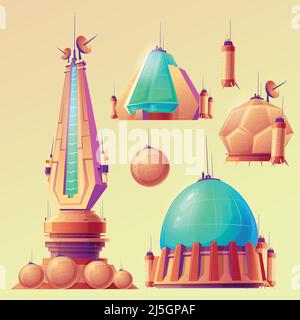 Set of unidentified space objects, UFO, space ships of extraterrestrial alien invaders, vector cartoon illustrations. Elements for game design. Stock Vector