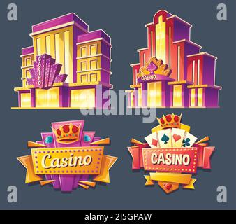 Set of vector cartoon badges, stickers, tags of casino buildings and retro signboards. Icons for mobile applications with games of chance, advertising Stock Vector