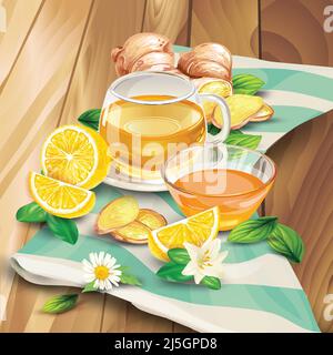 Glass cup of ginger tea with raw sliced on pieces ginger root and lemon, leaves, flower lying on wooden table hand-drawn vector illustration. Fresh br Stock Vector
