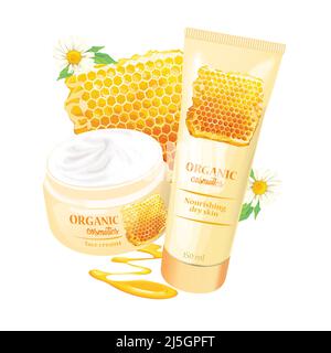 Branded tubes of nourishing cream, lotion with chamomile, honey, beeswax for dry skin realistic vector illustration isolated on white background. Orga Stock Vector