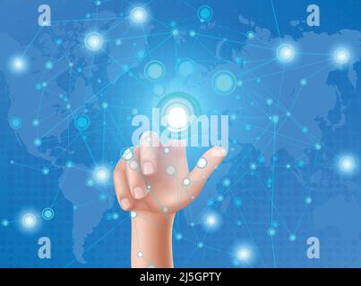 Human hand press with the index finger on touchscreen. Interface design concept on a blue background with the outlines of the continents Stock Vector