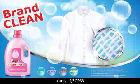Vector realistic banner with detergent stain remover in pink plastic bottle on blue background with white shirt soap bubbles and close-up of fiber str Stock Vector