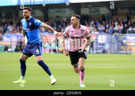 High Wycombe, UK. 23rd Apr, 2022. Lee Gregory #9 of Sheffield Wednesday and Ryan Tafazolli #6 of Wycombe Wanderers seen during the match. in High Wycombe, United Kingdom on 4/23/2022. (Photo by Carlton Myrie/News Images/Sipa USA) Credit: Sipa USA/Alamy Live News Stock Photo