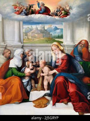 The Holy Family with Saints Elizabeth, Zacharias, John the Baptist (and Francis?) by Il Garofalo (1481-1559), oil on canvas transferred from wood, c. 1520-35 Stock Photo