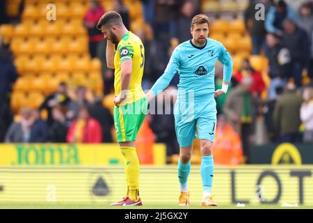 Carrow Road, Norwich, Norfolk, UK. 23rd Apr, 2022. Premier League football, Norwich versus Newcastle; A dejected Grant Hanley of Norwich City after the 0-3 loss Credit: Action Plus Sports/Alamy Live News Stock Photo