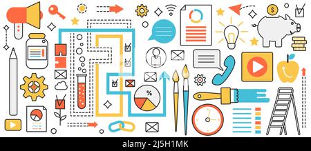 Creative project and business implementation. Abstract process with development, analysis and realization of ideas or products, research service in infographic concept banner, thin line art design Stock Vector
