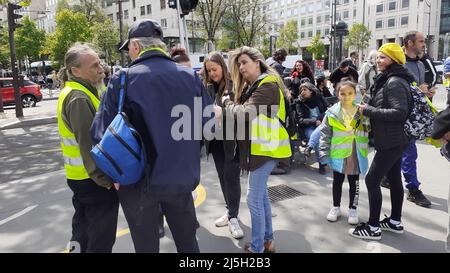 Paris, France. 23rd Apr, 2022. People gather in preparations for Yellow vests periodically demonstration in Paris, France, on Saturday, April 23, 2022. Credit: Linda Salajkova/CTK Photo/Alamy Live News Stock Photo